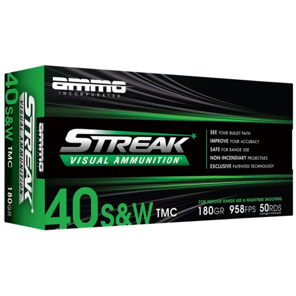 Ammo Inc 40180TMCSTRKGRN50 Streak Visual (GREEN) 40S&W 180gr Total Metal Case 50 Per Box