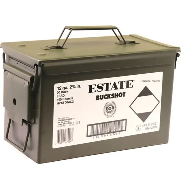 Estate 12 GA Ammo 2-3/4" 00 Buckshot 9 Pellet 100 Rounds in Ammo Can